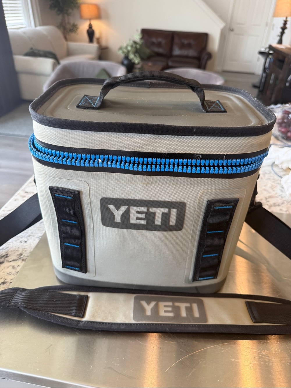 YETI Hopper Flip 8 Soft Cooler Bag in Tan with Blue Accents